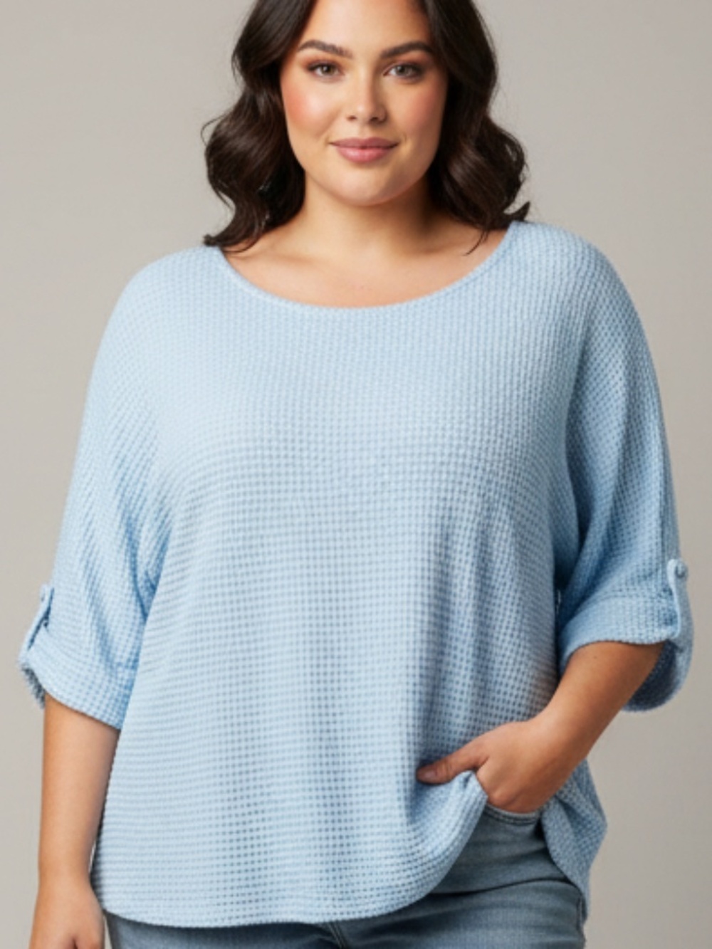 Andree Plus Size Waffle Knit Top - Light Blue